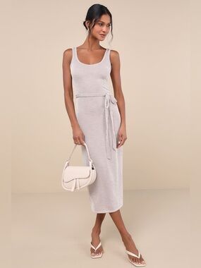 Lulu's Summer Perfection Taupe & Ivory Striped Ribbed Midi Dress - L